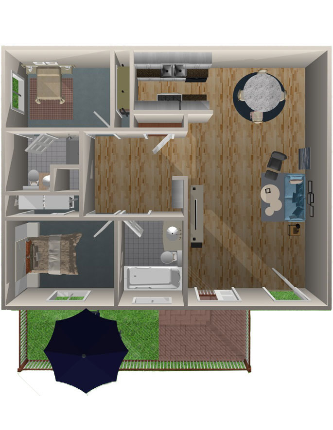 This image is the visual 3D floorplan representation of Plan A at Grapevine Apartments.