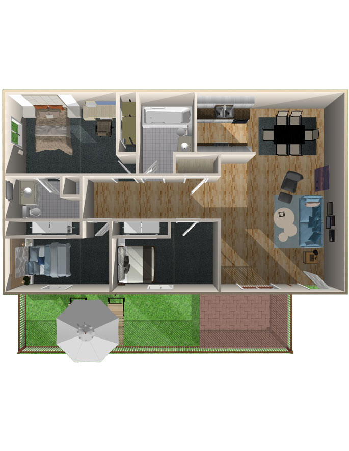 This image is the visual 3D floorplan representation of Plan B at Grapevine Apartments.