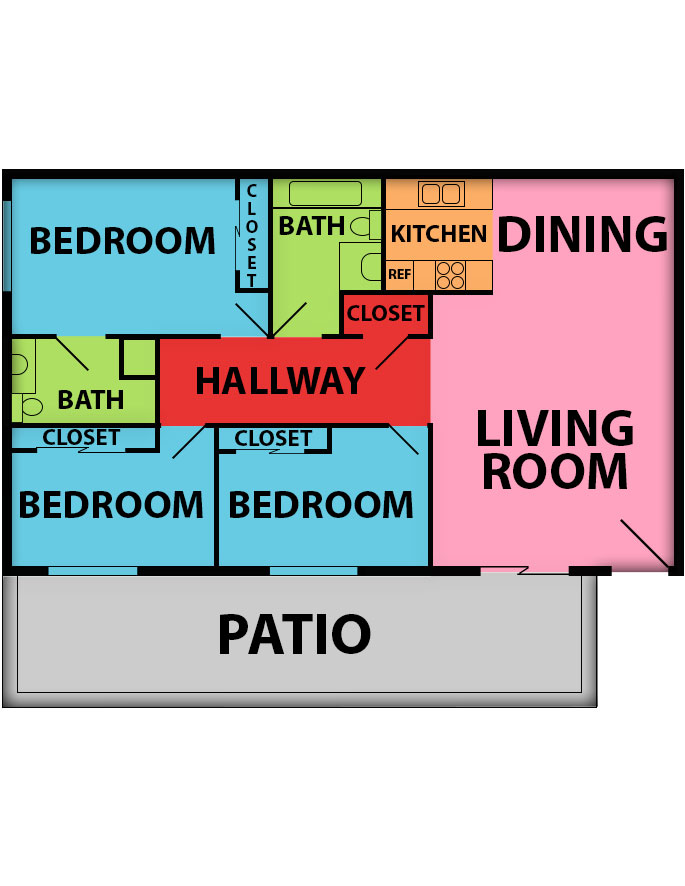 This image is the visual schematic floorplan representation of Plan B at Grapevine Apartments.